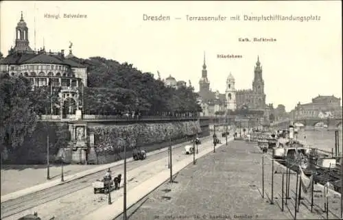 Ak Dresden Altstadt, Terrassenufer, Dampfschifflandungsplatz, Königl. Belvedere, Kath. Hofkirche