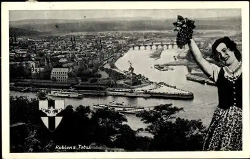 Ak Koblenz am Rhein, Totalansicht, Wappen, Frau mit Weintrauben
