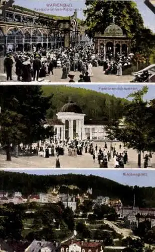 Ak Mariánské Lázně Marienbad Region Karlsbad, Kirchenplatz, Ferdinandsbrunnen, Kreuzbrunnen