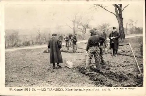 Ak Les Tranchees, Offizier, der den Plan eines Grabens zeichnet, I WK