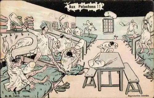 Ak Französische Soldaten bei einer Kissenschlacht