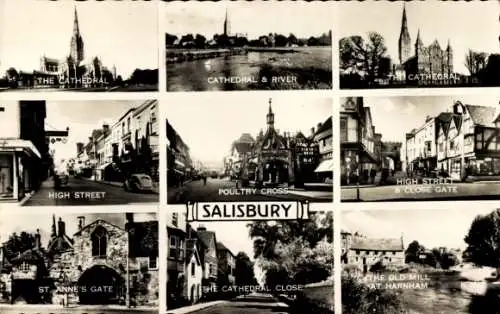 Ak Salisbury Südwestengland, Kathedrale, Fluss, Hauptstraße, enges Tor, alte Mühle