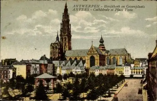 Ak Antwerpen Antwerpen Flandern, Kathedrale, Grüner Platz