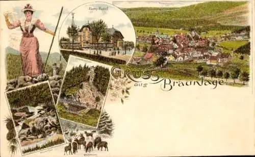 Litho Braunlage im Oberharz, Totalansicht, Berg Hotel, Wasserfall, Langenfeldsklippe