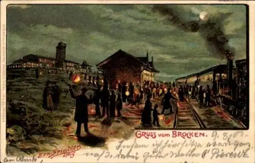 Künstler Litho Spindler, Erwin, Brocken Nationalpark Harz, Bahnhof der Brockenbahn, Laternen