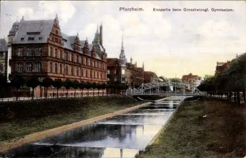 Ak Pforzheim im Schwarzwald, die Enz beim Grossherzogl. Gymnasium