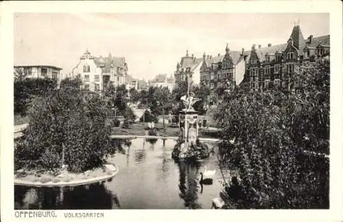 Ak Offenburg in Baden Schwarzwald, Volksgarten, Teich, Brunnen