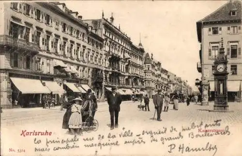 Ak Karlsruhe in Baden, Kaiserstraße, Passanten, Uhr