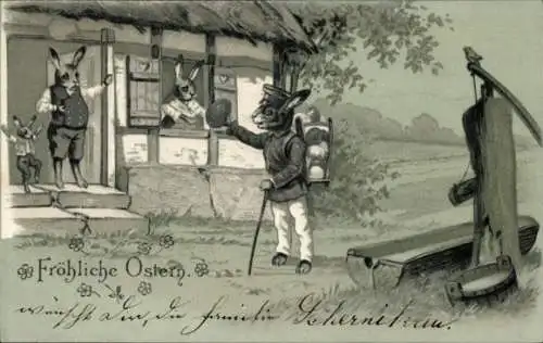 Präge Litho Glückwunsch Ostern, Osterhasen, Familie, Wohnhaus