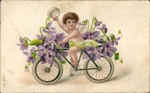 Präge Ak Engel fährt Rad, Veilchen, Fahrrad