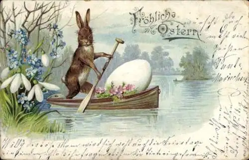 Litho Glückwunsch Ostern, Osterhase, Osterei, Ruderboot, Schneeglöckchen