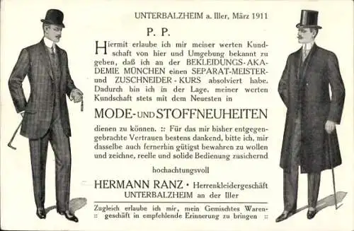 Ak Unterbalzheim Balzheim, Herrenkleidergeschäft Hermann Ranz, Reklame