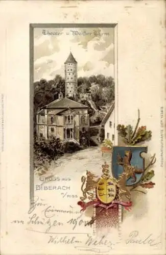 Präge Wappen Litho Biberach an der Riß in Oberschwaben, Theater und Weißer Turm