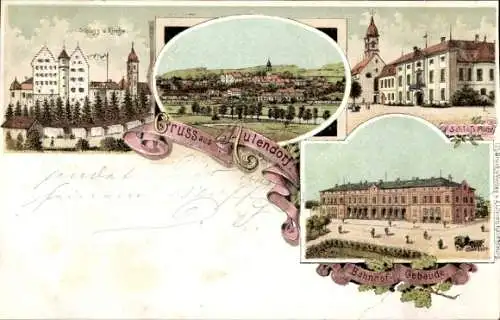 Litho Aulendorf in Württemberg, Schloss, Kirche, Bahnhof, Schlossplatz, Gesamtansicht