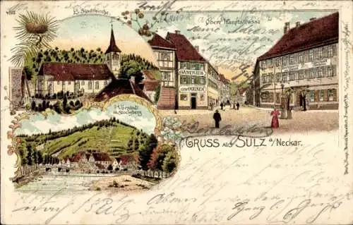 Litho Sulz am Neckar, Ev. Stadtkirche, Obere Hauptstraße, Vorstadt, Stocksberg, Gasthaus zum Ochsen