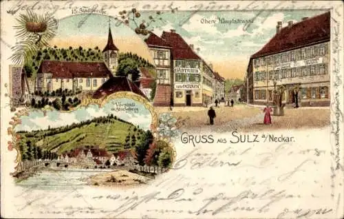 Litho Sulz am Neckar, Ev. Stadtkirche, Obere Hauptstraße, Vorstadt, Stocksberg, Gasthaus zum Ochsen