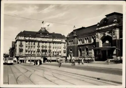 Ak Kiel Schleswig Holstein, Hauptbahnhof und Hansa Hotel, Straßenbahn