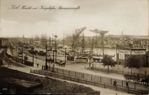 Ak Kiel, Handels- und Kriegshafen, Germaniawerft, Straßenbahn