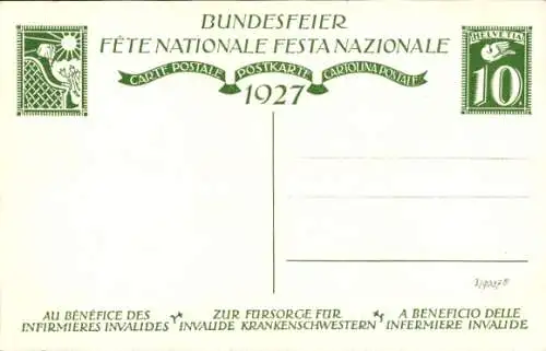 Ganzsachen Künstler Ak Liner, Carl, Schweizer Bundesfeier 1927, Fürsorge invalide Krankenschwestern