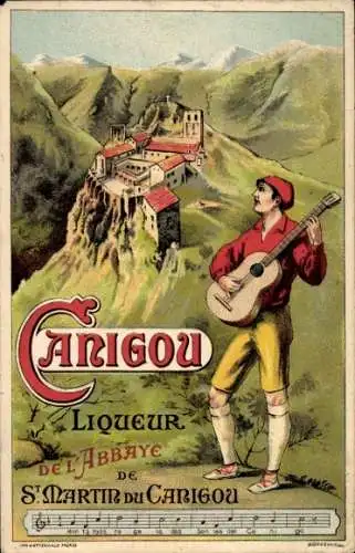 Lied Ak Canigou Likör Reklame, Troubadour, Abtei Saint Martin du Canigou