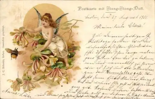 Litho Engel, Blumen, Hummel, Kitsch, Duft-Postkarte