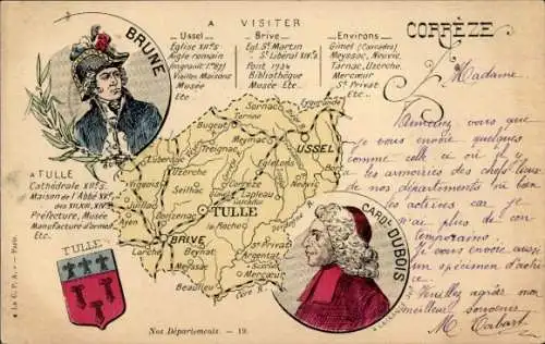 Landkarten Litho Corrèze, Cardinal Dubois, Brune, Tulle, Ussel