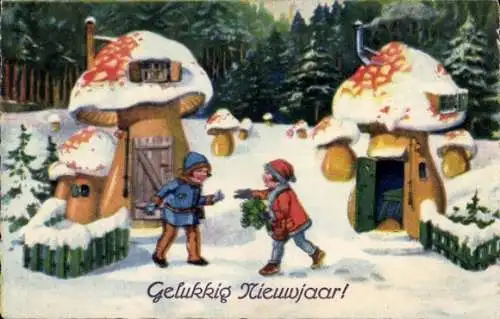 Ak Glückwunsch Neujahr, Kinder, Pilz-Häuser, Schnee