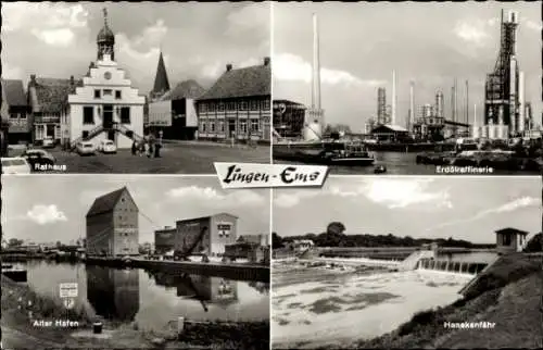 Ak Lingen im Emsland, Rathaus, Erdölraffinerie, Alter Hafen, Hanekenfähr