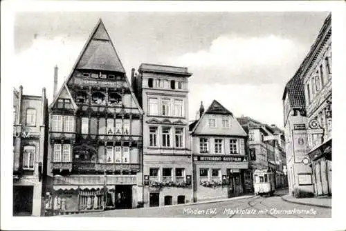 Ak Minden in Westfalen, Marktplatz mit Obermarktstraße, Restaurant, Straßenbahn