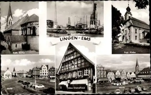 Ak Lingen im Emsland, Kath. Kirche, Erdölraffinerie, Evgl. Kirche, Markt, Altes Giebelhaus