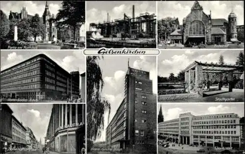 Ak Gelsenkirchen, Stadtgarten, Bahnhof, Sparkasse, Rathaus, Hans Sachs Haus, Hochöfen, Kaufhaus