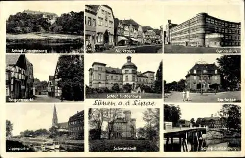 Ak Lünen in Westfalen, Schloss Kappenberg, Buddenburg, Schwansbell, Sparkasse, Gymnasium