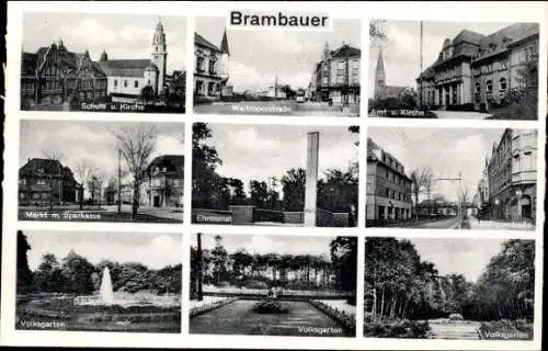 Ak Brambauer Lünen in Westfalen, Waltroper Straße, Volksgarten, Ehrenmal, Kirche, Schule