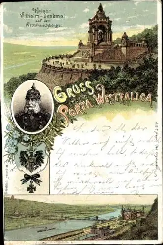 Litho Porta Westfalica, Wittekindsberg, Kaiser Wilhelm I., Denkmal, Panorama