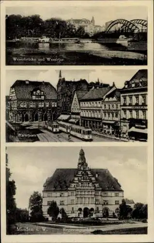 Ak Minden in Westfalen, Weserbrücke, Wesertor, Marktplatz, Straßenbahn, Regierungsgebäude