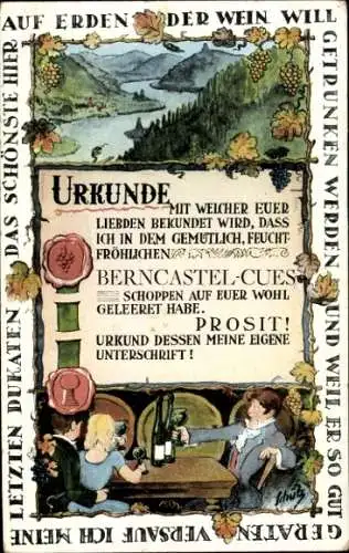 Ak Bernkastel Kues an der Mosel, Gäste trinken Wein, Urkunde, Prosit