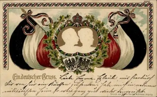 Präge Litho Kaiser Wilhelm II., Kaiserin Auguste Viktoria, Fahnen