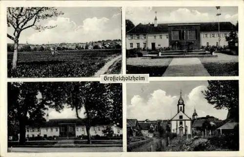 Ak Großeicholzheim Seckach in Baden Württemberg, Kirche, Ehrenmal, Flachbau, Feld, Ort