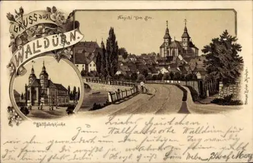 Litho Walldürn im Odenwald Baden, Wallfahrtskirche, Stadtansicht