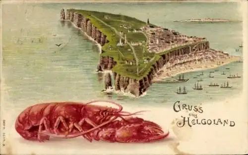 Litho Nordseeinsel Helgoland, Totalansicht, Hummer