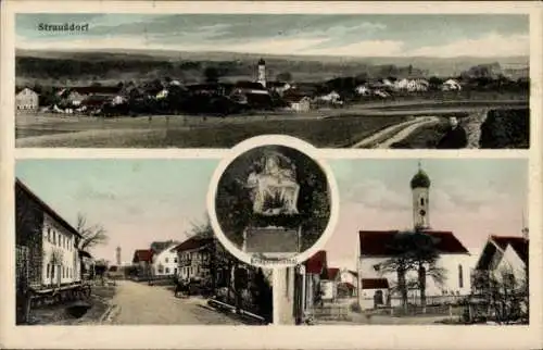 Ak Straußdorf Grafing bei München Oberbayern, Kriegerdenkmal, Ortsansicht
