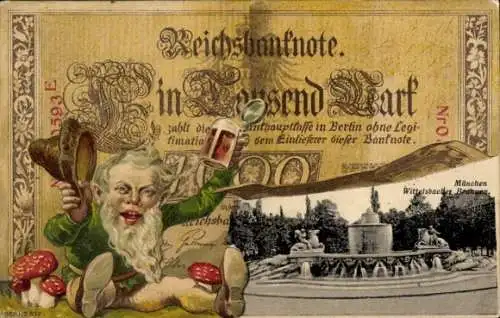 Passepartout Ak München Bayern, Wittelsbacher Brunnen, Reichsbanknote