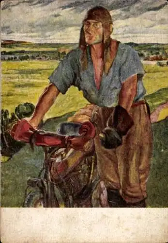 Künstler Ak Russland, Mann mit einem Motorrad