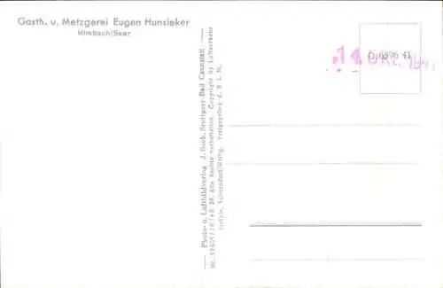 Ak Mimbach Blieskastel, Fliegeraufnahme, Gasthaus Metzgerei