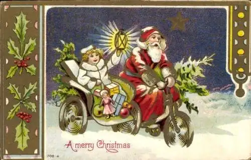 Präge Ak Glückwunsch Weihnachten, Weihnachtsmann auf einem Motorrad