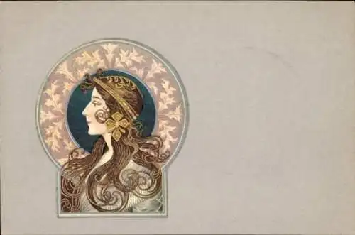 Jugendstil Litho Dame mit Kopfschmuck