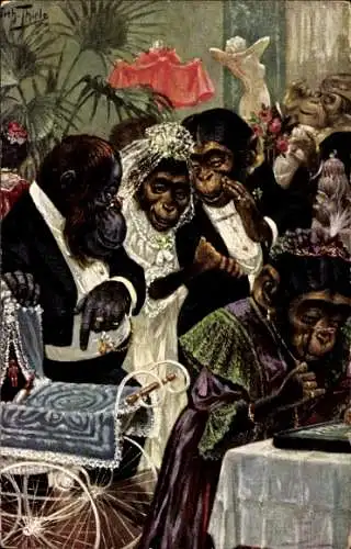 Künstler Ak Vermenschlichte Schimpansen, Hochzeit, Kinderwagen