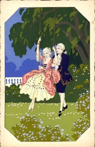 Künstler Ak Liebespaar, Frau auf einer Schaukel