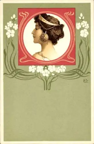 Jugendstil Künstler Litho Dame mit Kopfschmuck