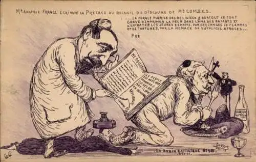 Künstler Ak Orens, Anatole France ecrivant la preface du recueil de discours de M. Combes